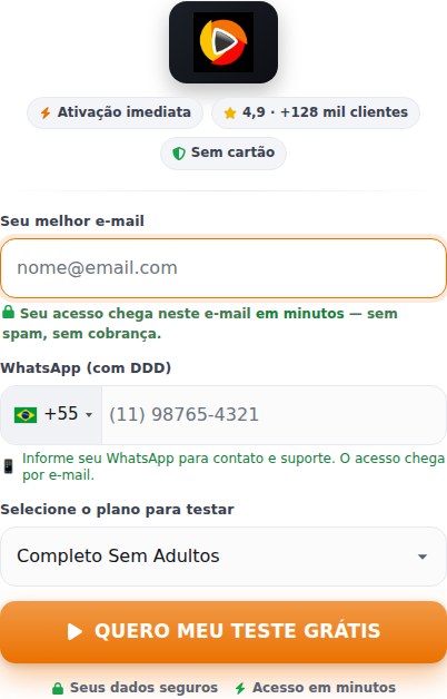 Formulário oficial do teste Core Play com os campos de e-mail, WhatsApp e seleção do plano