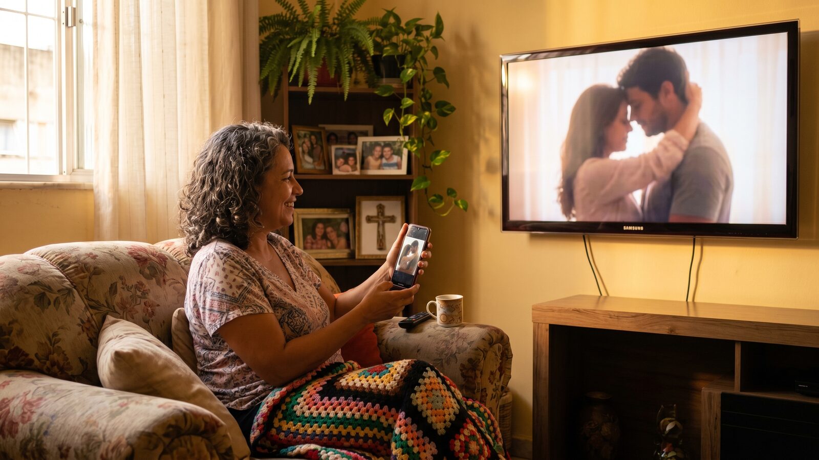 Mulher assistindo novela online ao mesmo tempo na Smart TV e no celular, em casa