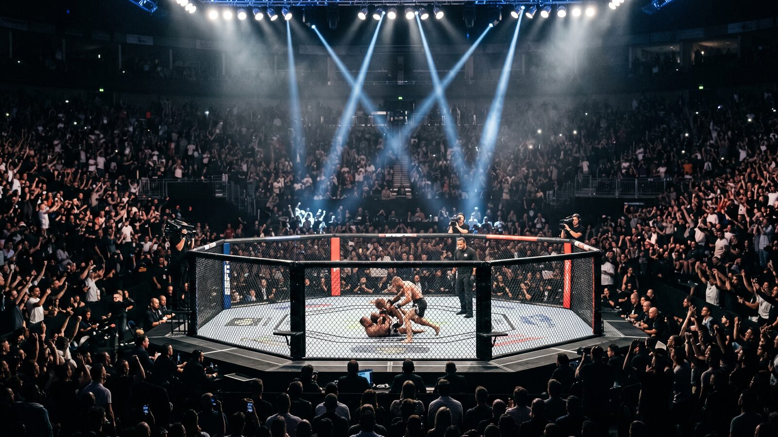 Octógono do UFC iluminado em arena lotada para assistir UFC ao vivo em 4K