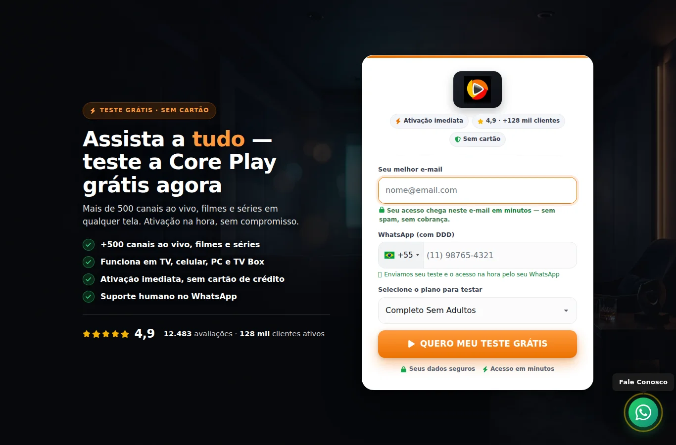 Tela real do formulário de teste grátis da Core Play, com campos de e-mail e WhatsApp
