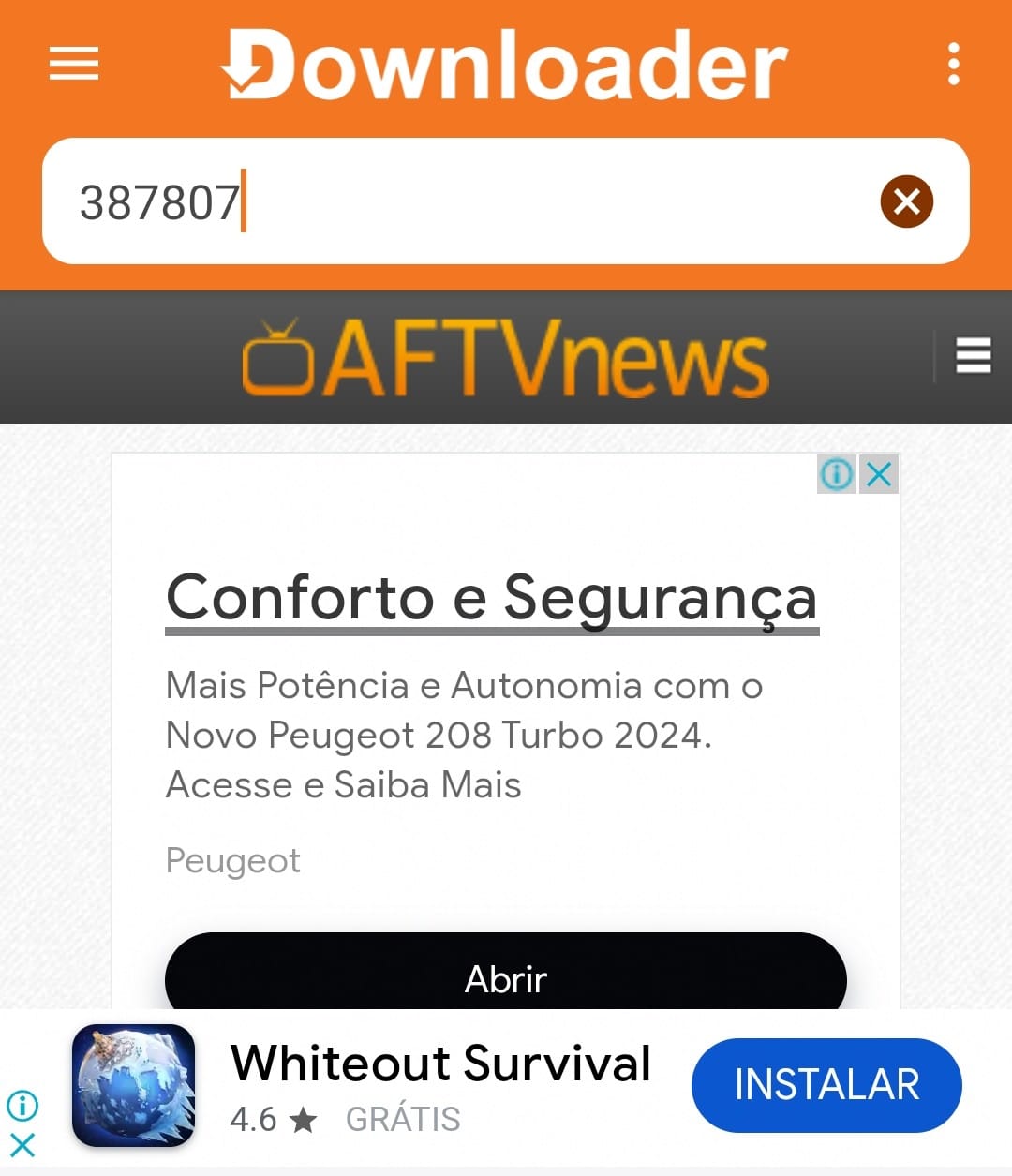 Código 387807 digitado no Downloader